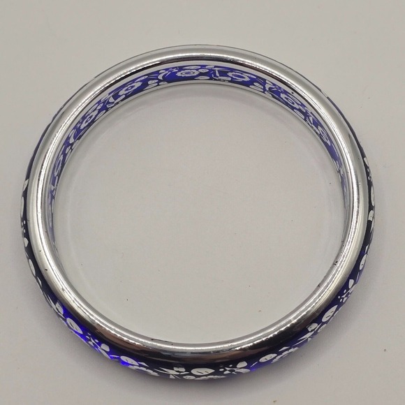 Silver and Blue Bangle Bracelet Floral Design Boho Statement‎ Jewelry - Picture 4 of 9